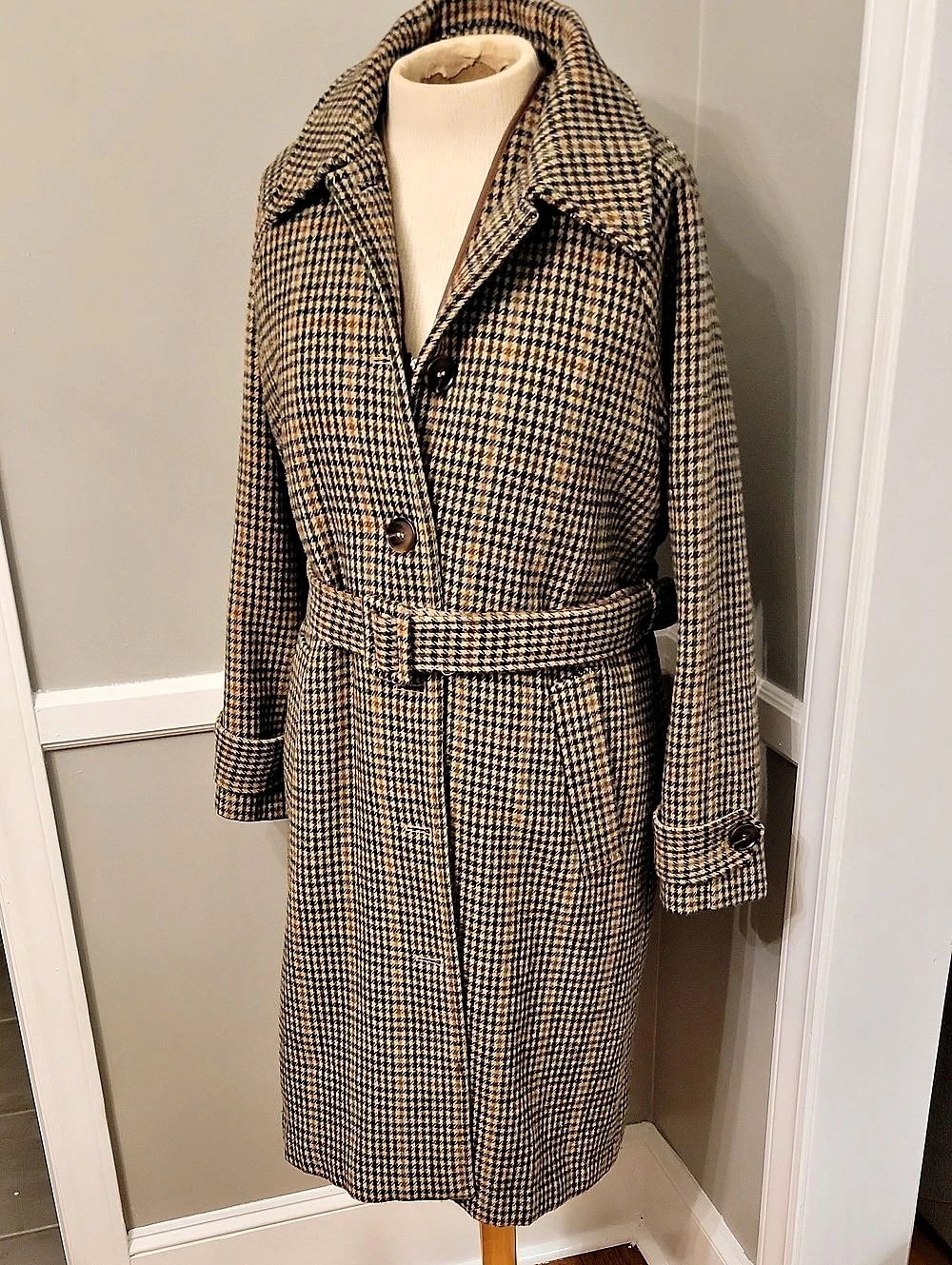 SUNCOO Evan Plaid Trench Coat in Brown & Green T2 Like New